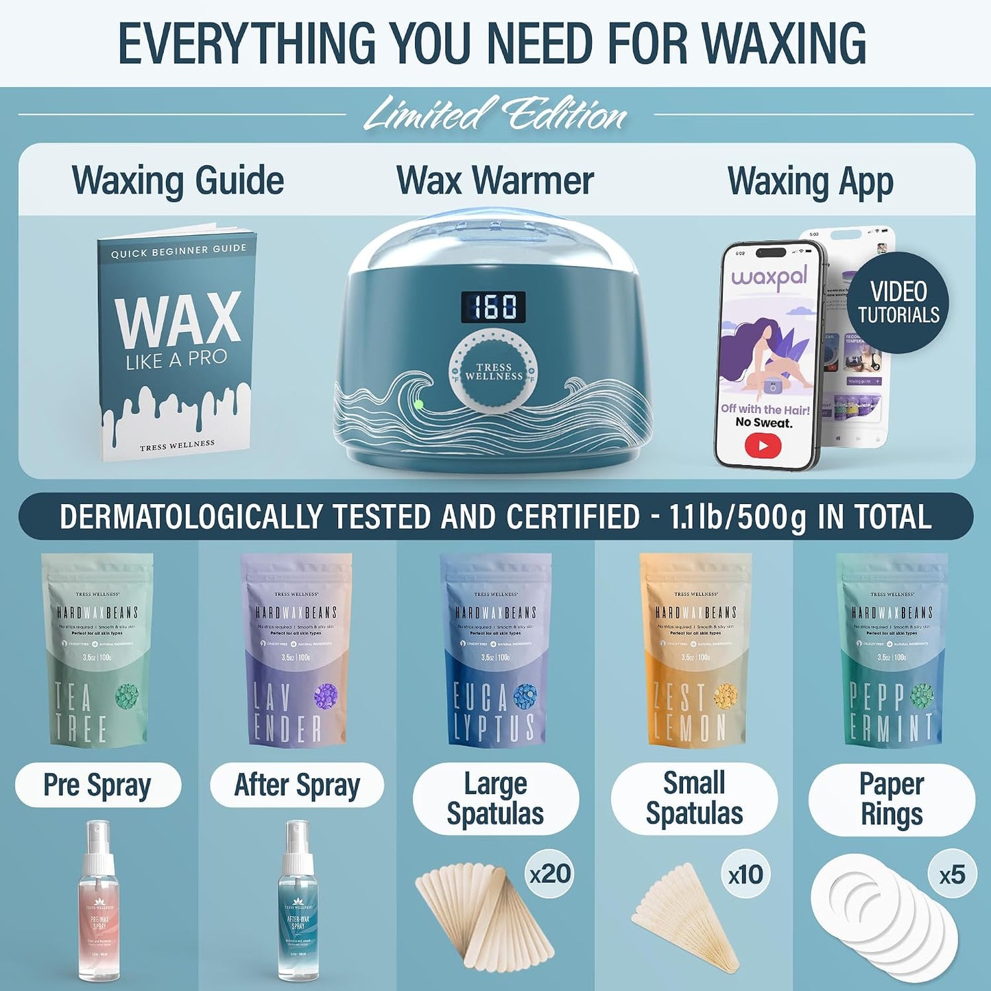 Tress Wellness Award Winning Waxing Kit for Sensitive Skin, Safe for Face & Skin, Easy to Use, At-Home Kit for Face, Bikini, Brazilian & Full Body - Digital Display, Black Purple Flower