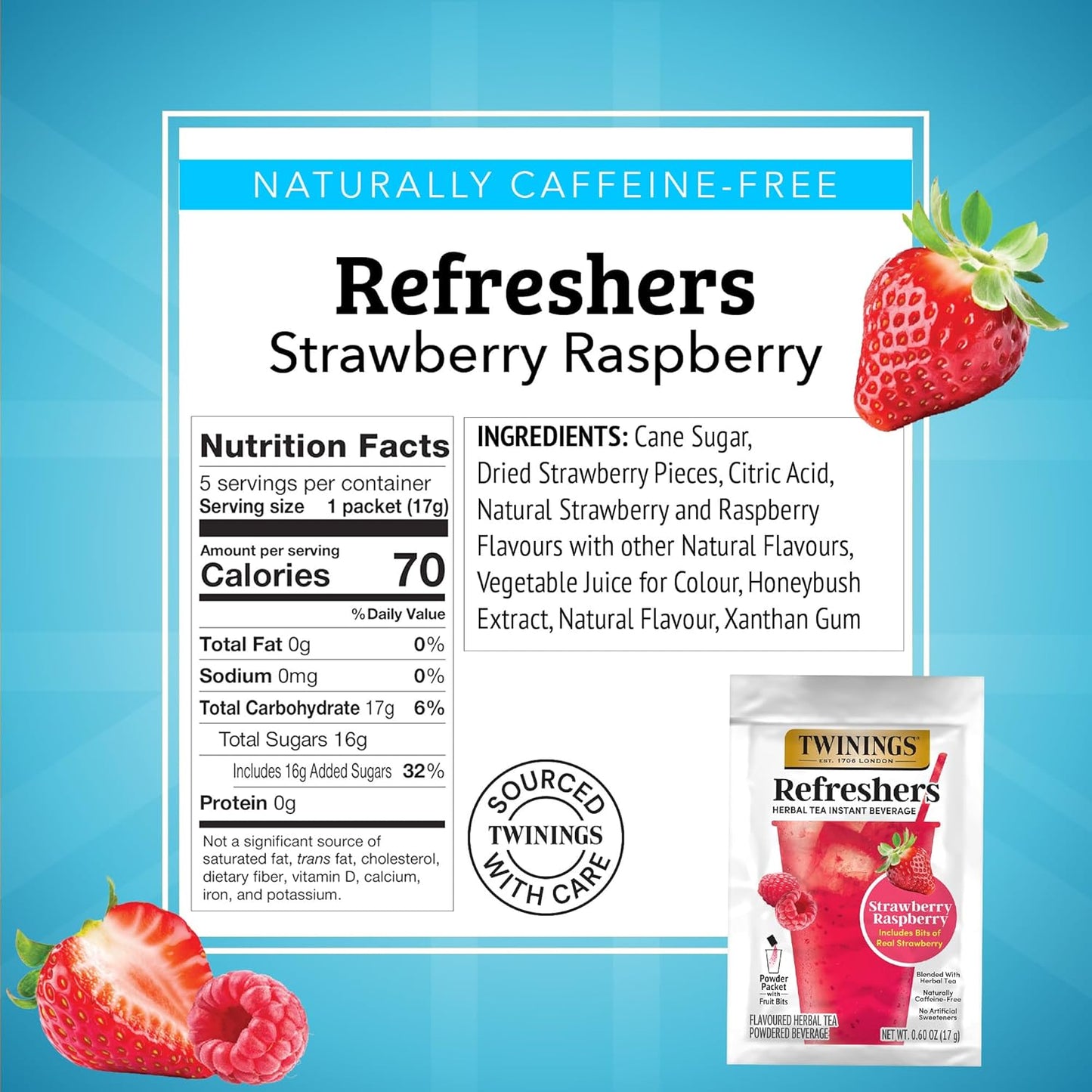 Twinings Strawberry & Raspberry Herbal Iced Tea, 72 Oversized Tea Bags, Makes 18 Pitchers or 144 Servings, Unsweetened, Naturally Caffeine-Free, 72 Count (Pack of 1)