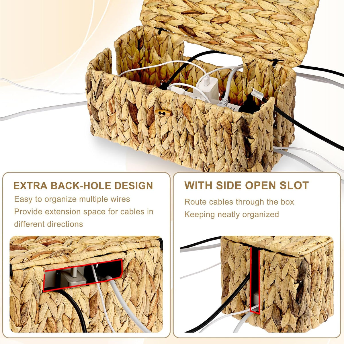 BTSKY Woven Cable Management Box with Lid Water Hyacinth Cord Organizer, S