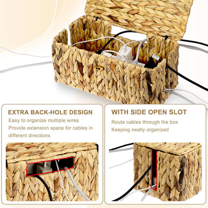 BTSKY Woven Cable Management Box with Lid Water Hyacinth Cord Organizer, S