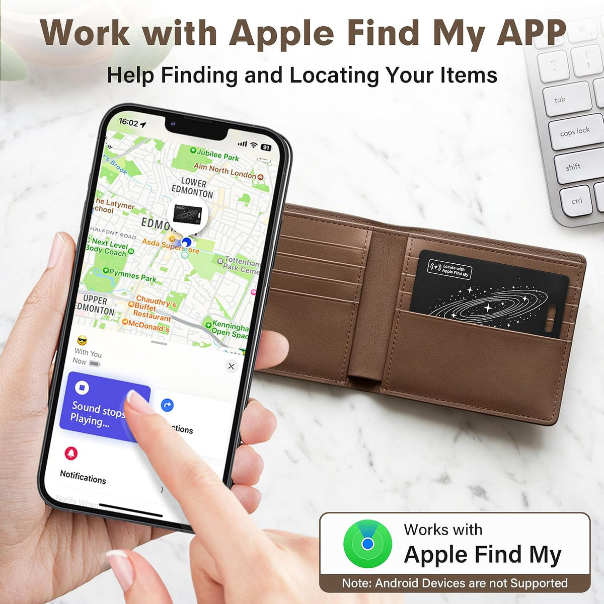 Smart Wallet Tracker Card (iOS Only) - Item Finder for Luggage, Keys & Passport 、Compatible with Apple Find My、Slim, Rechargeable & IP68 Waterproof (4 Black)