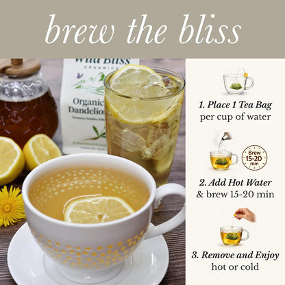 Wild Bliss Organic Wild Raw Dandelion Root Tea - Pharmacopoeia Quality Caffeine Free Herbal Detox Support - 25 Plant Based Tea Bags