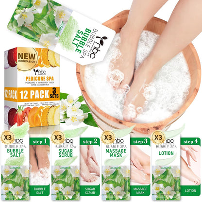 Pedicure Kit Foot Soak Set: Bubble Salt, Sugar Scrub, Massage Mask, Massage Lotion in a Box, 4 Step Foot Spa Kit for Dry Feet, Softens Calluses, Tired Feet（3 Set Lavender) - Colors B