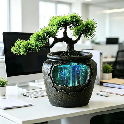 Mini Artificial Bonsai Tree Waterfall Fog Feature Rock Tabletop Fountain | 11in Desktop Decor Waterfall Fountain W/ Water Pump& Atomizer&LED Lights &Fake Tree Office Bedroom Relax