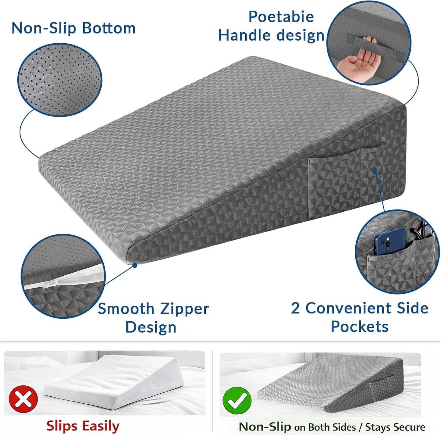 Wedge Pillow for Sleeping, 7.5" Bed Wedge After Surgery, Back Pain Relief, Memory Foam Pillow Triangle Incline Wedge for Back Support, Leg Elevation