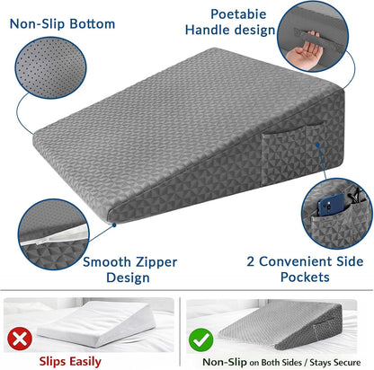 Wedge Pillow for Sleeping, 7.5" Bed Wedge After Surgery, Back Pain Relief, Memory Foam Pillow Triangle Incline Wedge for Back Support, Leg Elevation