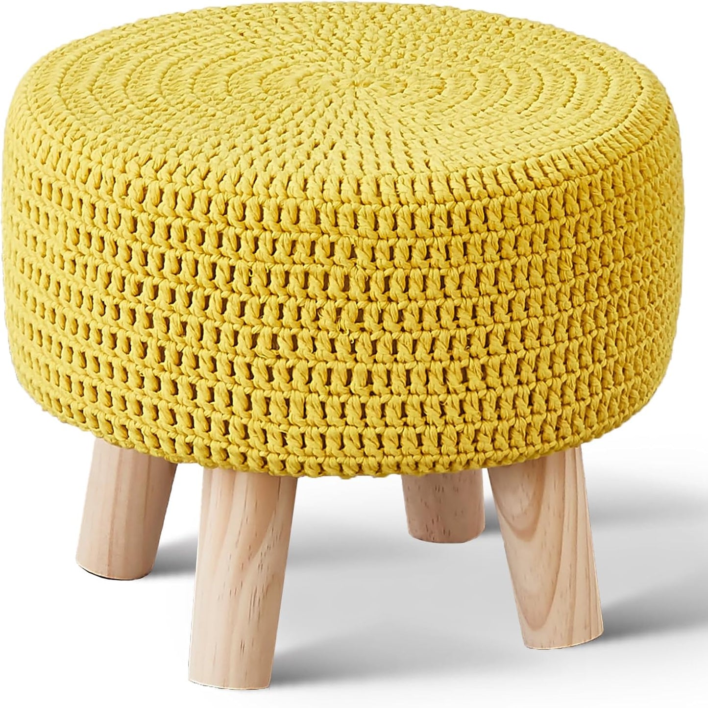 Wimarsbon Pouf Ottoman, 100% Cotton Knitted Boho Footstool, Round Footrest with Non-Skid Wood Legs, Home Décor Handmade Pouffe, Leisure Floor Step Stool for Living Room (Beige)