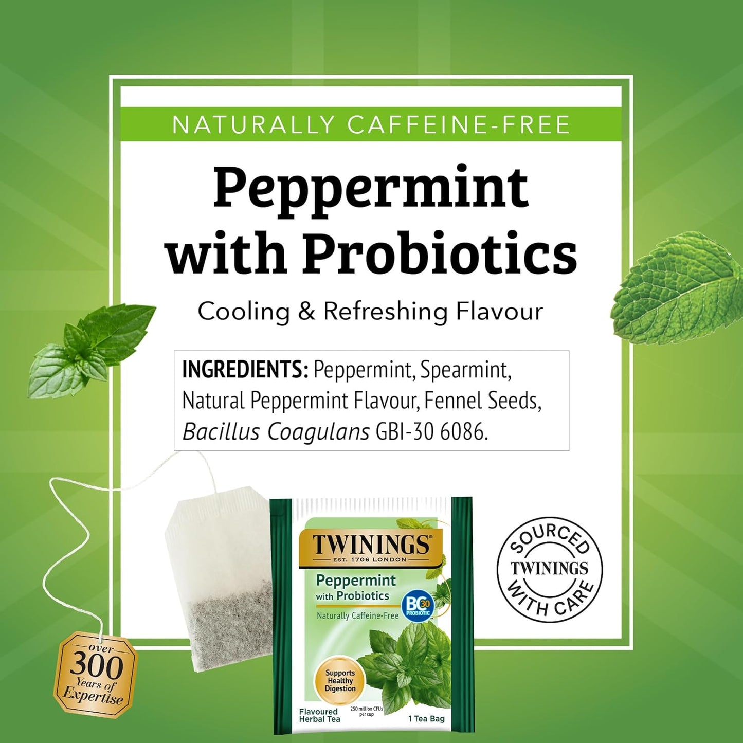 Twinings Peppermint with Probiotics Herbal Tea, 18 Count (Pack of 6), Supports Healthy Digestion, Naturally Caffeine-Free, Enjoy Hot or Iced, 108 Teabags