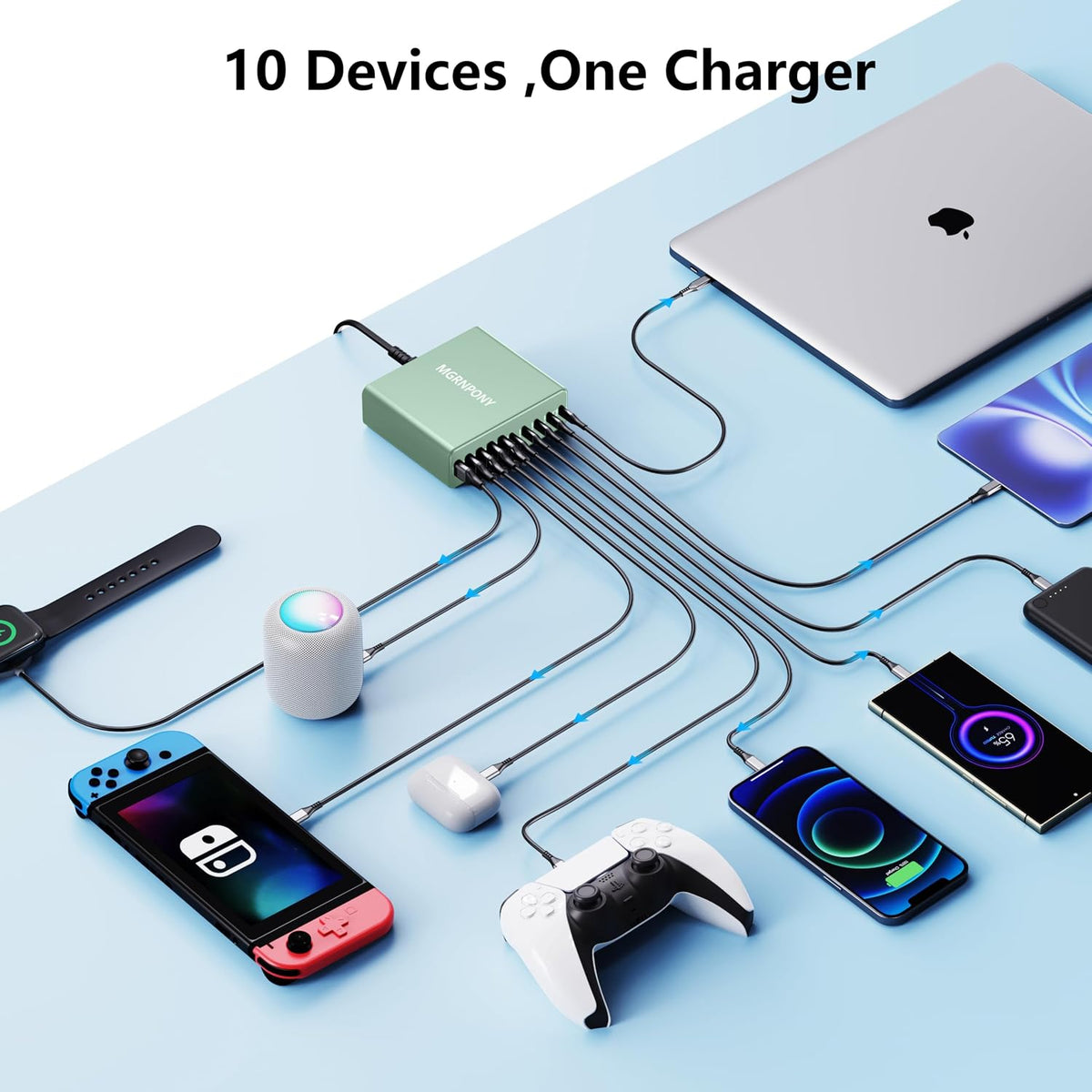 320W USB C Charger Block, MGRNPONY 10-Port GaN USB C Charging Station Black