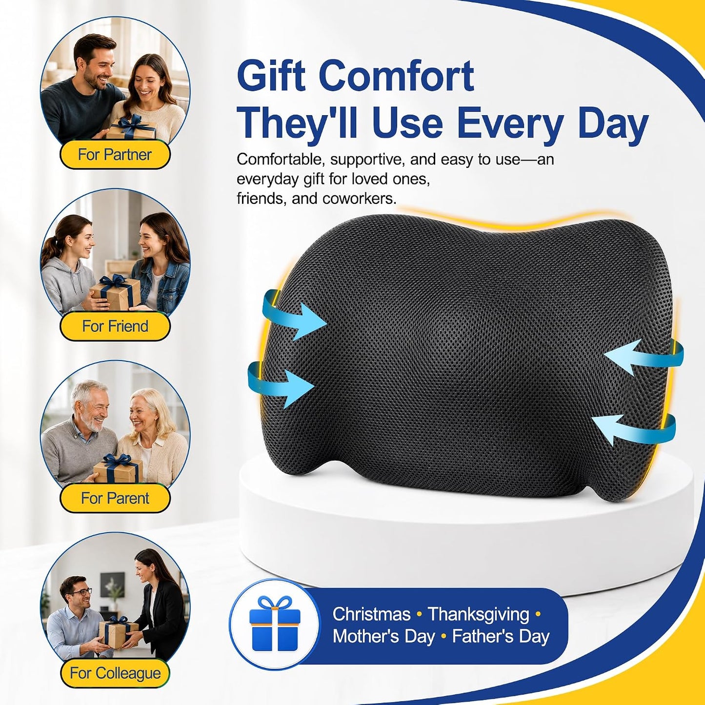 Lumbar Support Pillow for Car, Memory Foam, Black | Back Pain Relief, Adjustable Straps, Office Chair Compatible, Desk Chair Compatible