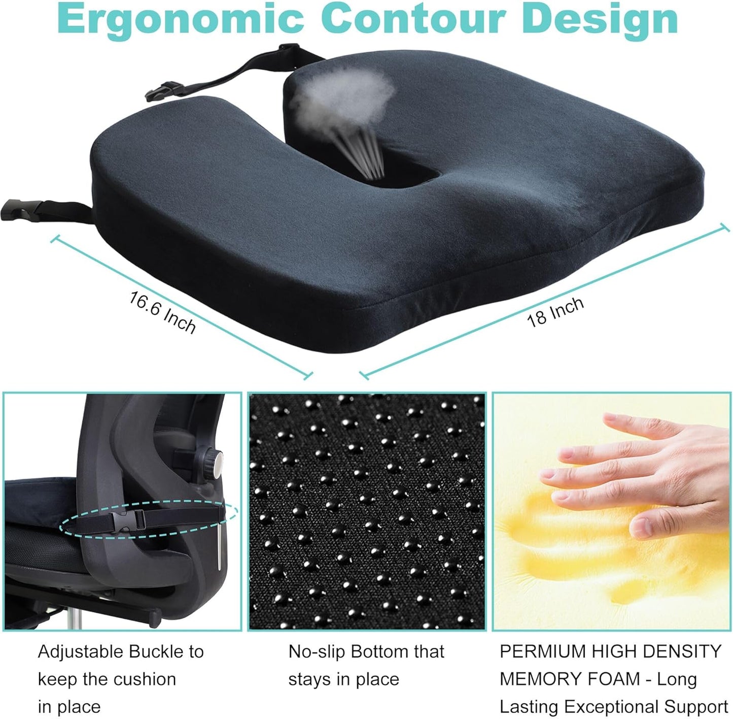 Large Pressure Relief Office Car Seat Cushion,10-Inch Extended U-Cutout,Sciatica & Back Coccyx Tailbone Pain Relief Chair Pad,Memory Foam Butt Pillow for Computer Desk,Wheelchair, Car
