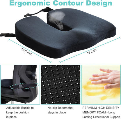 Large Pressure Relief Office Car Seat Cushion,10-Inch Extended U-Cutout,Sciatica & Back Coccyx Tailbone Pain Relief Chair Pad,Memory Foam Butt Pillow for Computer Desk,Wheelchair, Car
