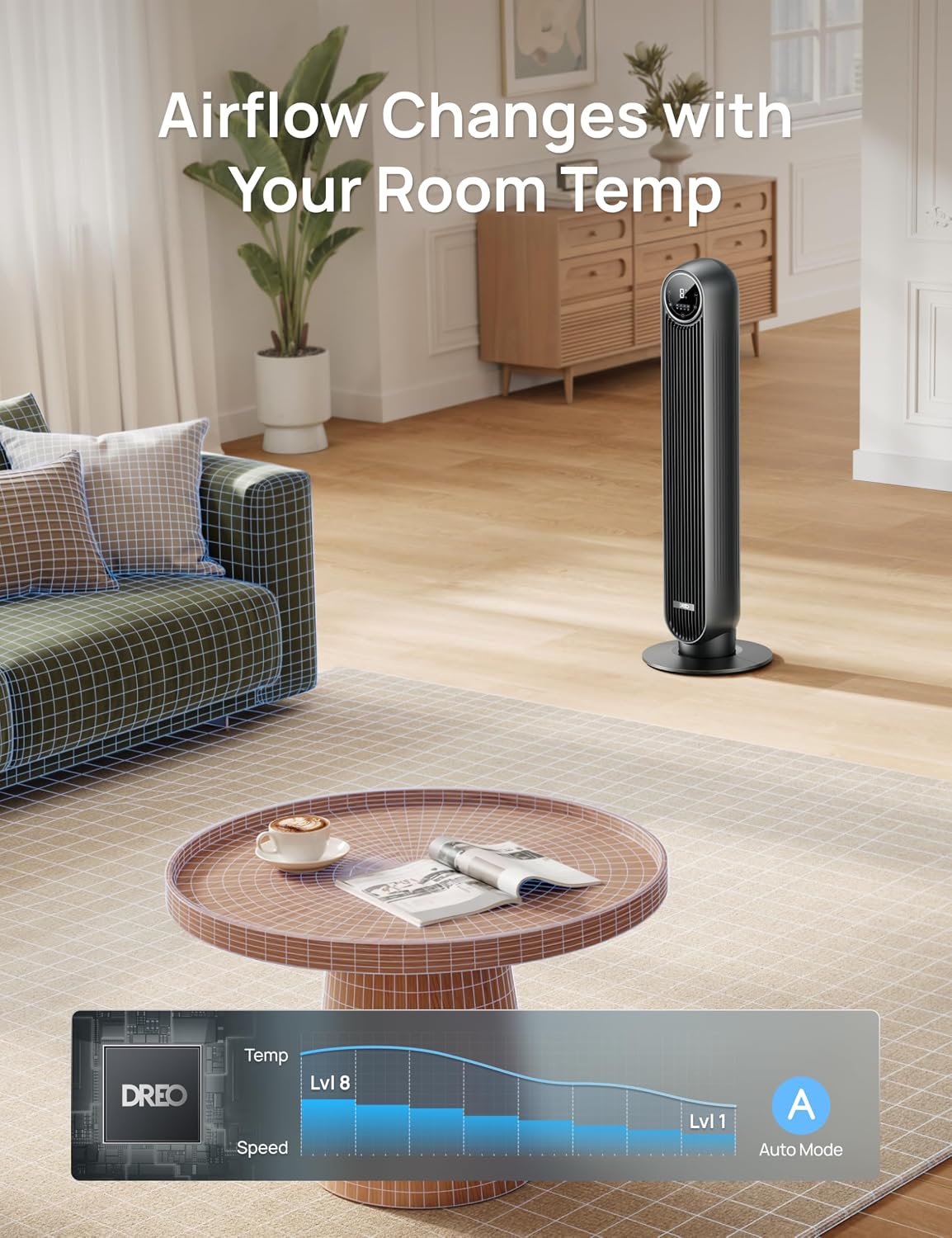 DREO Tower Fan for Bedroom, 2026 Upgraded DC Motor, 28ft/s Smart Standing Fans, 90° Oscillating Floor Fan with 20dB Ultra Quiet, 8 Speeds 4 Modes, 8H Timer, Bladeless, Remote, WiFi Voice Control