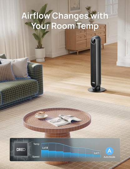 DREO Smart Tower Fan for Bedroom, 28ft/s Velocity, 8 Speeds Ultra Quiet Fan