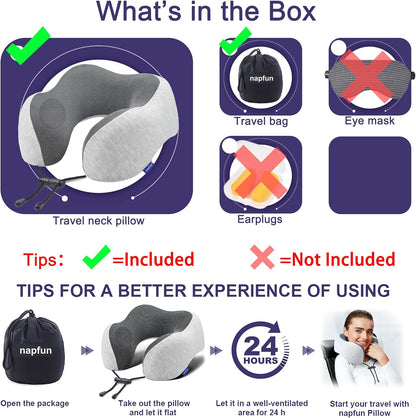 napfun Neck Pillow for Traveling, Upgraded Travel Neck Pillow for Airplane 100% Pure Memory Foam Travel Pillow for Flight Headrest Sleep, Portable Plane Accessories, Light Grey