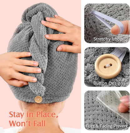YFONG 2 Pack Microfiber Hair Towel Wrap for Women, Super Absorbent Quick Dry Hair Turban for All Hair Style Anti Frizz, Large Hair Drying Towel with Button