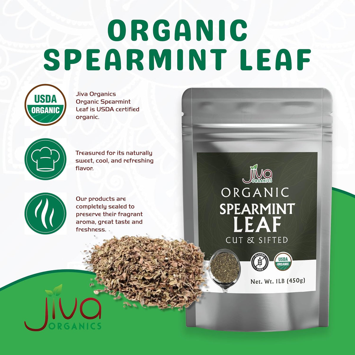 Jiva Organics Spearmint Leaf (Cut & Sifted) 1 Pound | Fresh Aroma, Premium Quality, Non-Irradiated Herbal Mint Leaves