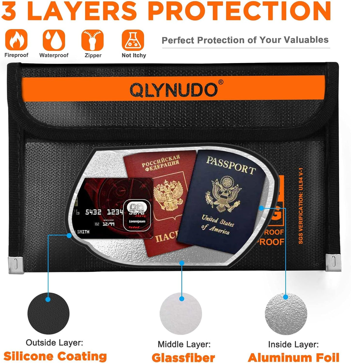 Fireproof Money Bag 2 Pack, Waterproof Document Pouch for Cash & Passport