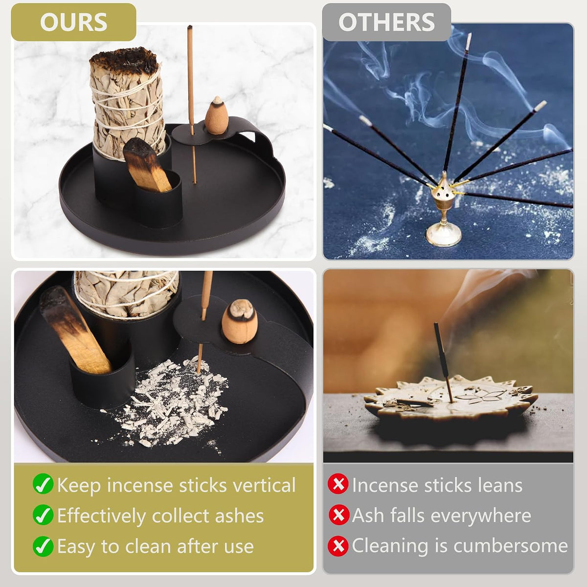 4 in 1 Incense Holder, Sage Burner Holder, Palo Santo Holder Burner, 5.47" Ash Catch Tray, Smudge Stick Holder with Handle for Incense Sticks Incense Cone, Yoga Meditation and Room Decor
