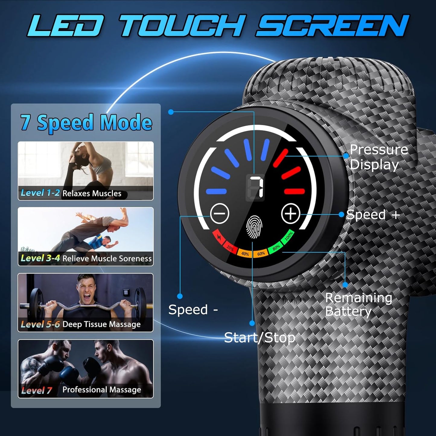 TOLOCO Massage Gun, Back Massager 10 Replacement Head for Pain Relief Deep Tissue, Percussion Massage Guns 7 Speed Level Super Quiet Electric Massager Fathers Day Dad Gifts, Carbon