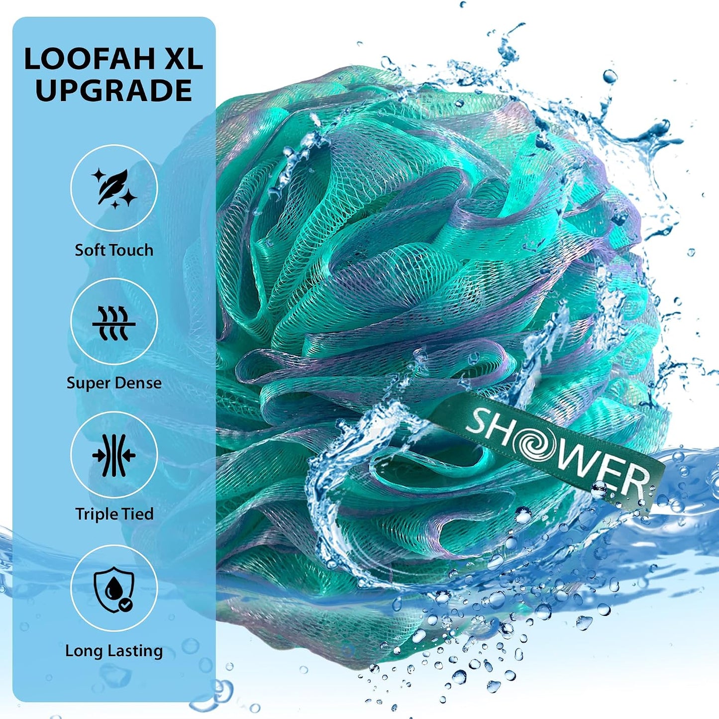 SHOWER BOUQUET Loofah-Charcoal Bath-Sponge XL-Color-4-Pack // Extra Large 75g Soft Mesh Black Luffa Loofa Loufa Puff Set/Exfoliating Body Scrubber for Women and Men - Exfoliate & Soothe Face & Body