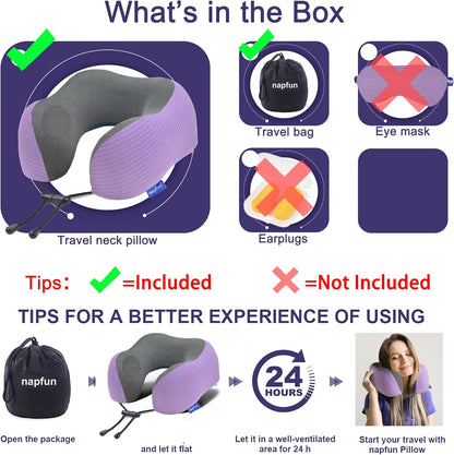 napfun Neck Pillow for Traveling, Upgraded Travel Neck Pillow for Airplane 100% Pure Memory Foam Travel Pillow for Flight Headrest Sleep, Portable Plane Accessories, Light Grey