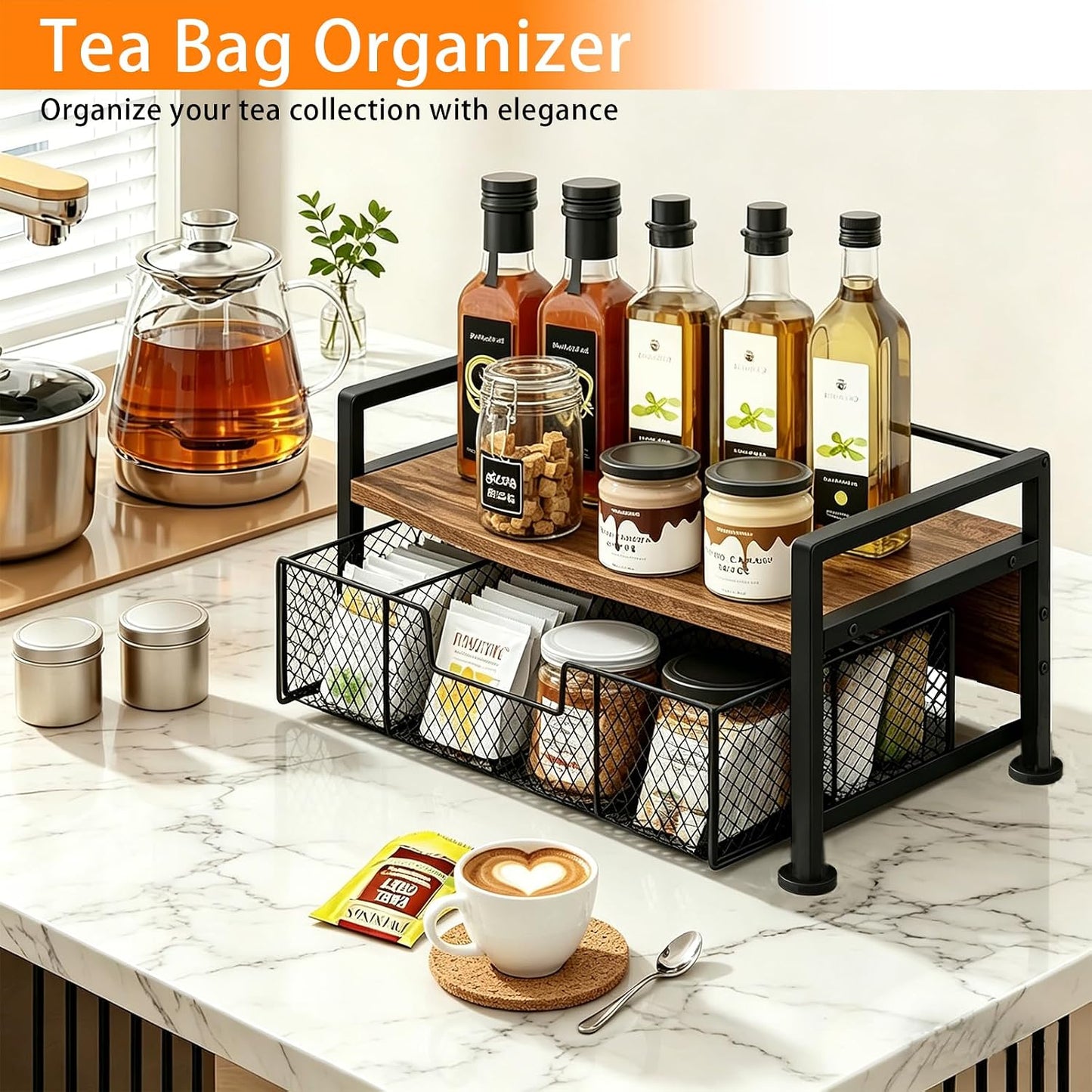 Tea Bag Organizer, Wooden Tea Box with Drawer and Top Tray, Rustic Brown