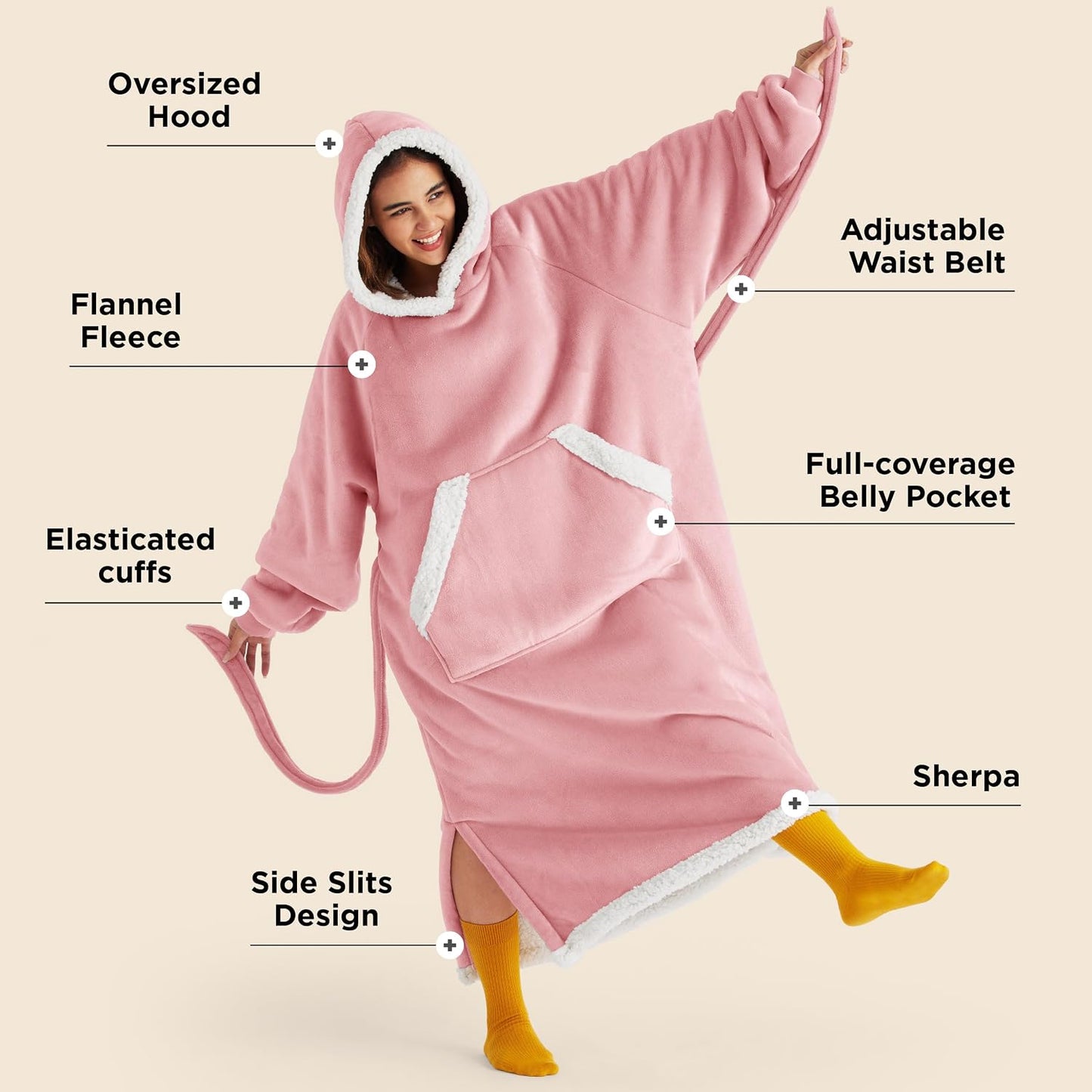 Bedsure Wearable Blanket Hoodie, Long Hooded Blanket Sweatshirt as Mothers Birthday Gifts for Women, Cozy Sherpa Hoodie for Adult, Standard, Grey