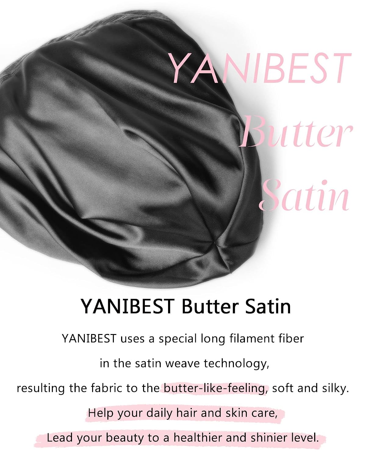 YANIBEST Hair Cover Bonnet Satin Sleep Cap - Adjustable Stay on Silk Lined Slouchy Beanie for Night Sleeping Surgical Hats Pure Black
