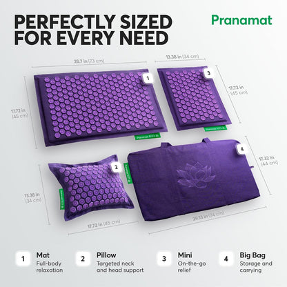 Pranamat Acupressure Large & Small Mat with Pillow and Bag Set, Premium Acupressure Therapy for Pain Relief and Relaxation, Handcrafted in Europe with Sustainable and Natural Materials (Obsidian)