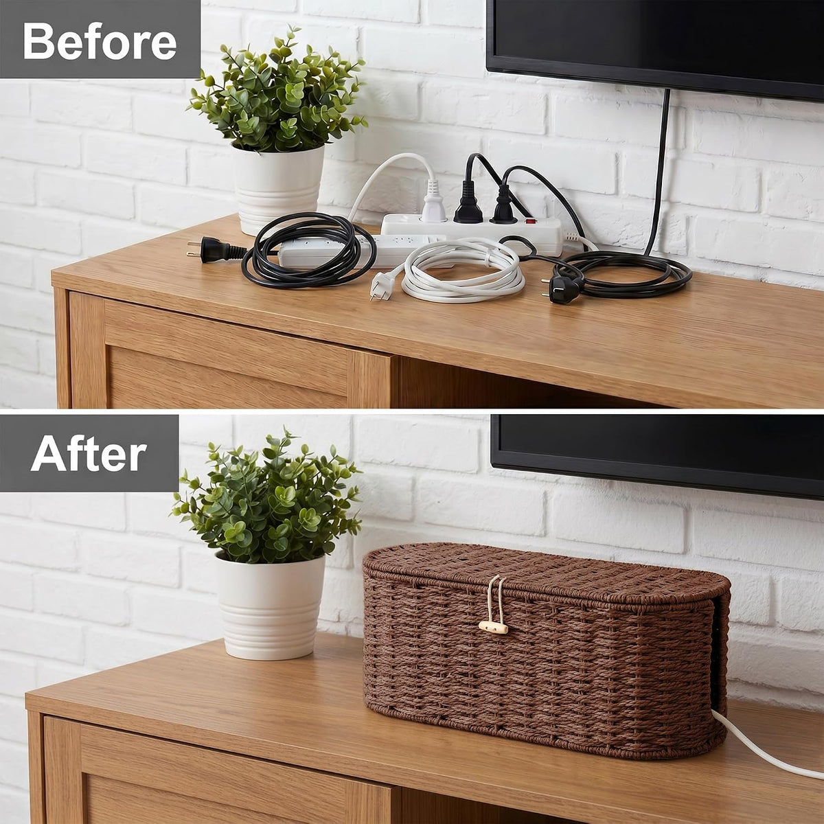 Set of 2 Cable Management Box, Handwoven Cord Hider Box with 3 Open Slots