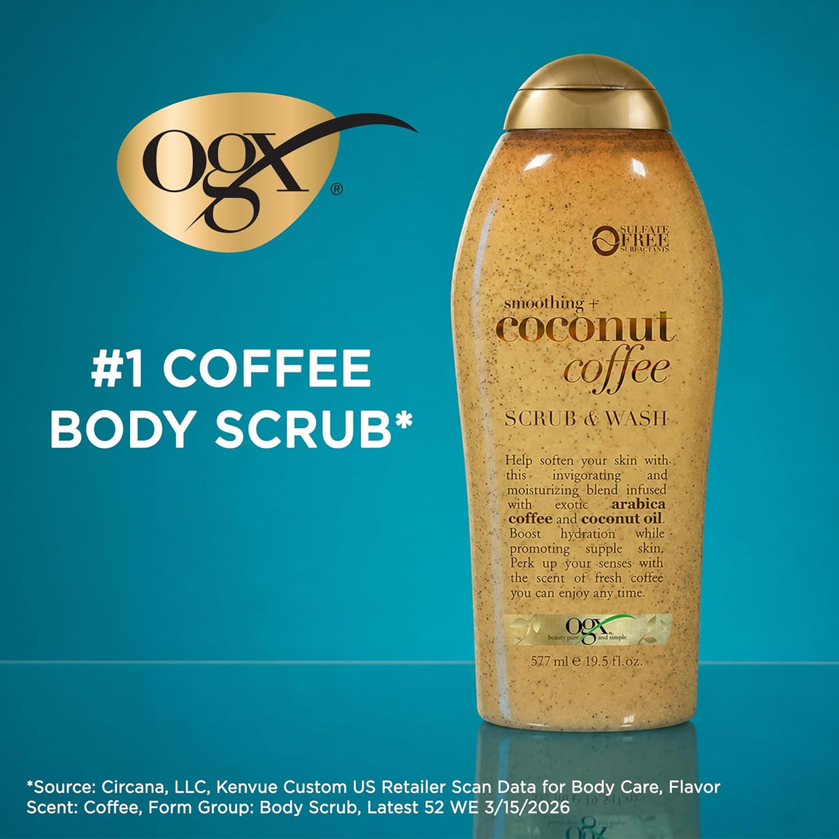 OGX Smoothing + Coconut Coffee Exfoliating Body Scrub with Arabica Coffee & Coconut Oil, Moisturizing Body Wash for Dry Skin, Paraben-Free with Sulfate-Free Surfactants, 19.5 Fl Oz, 2 Pack