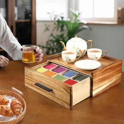 Acacia Wood Tea Bag Organizer with Drawer - 12-Compartment Tea Storage Box