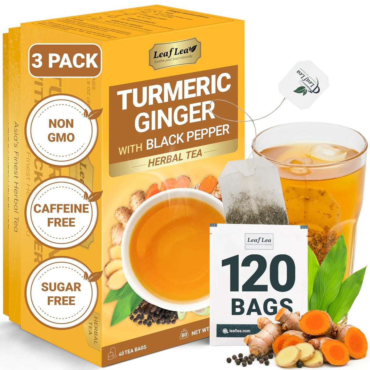 LeafLea Turmeric Ginger Black Pepper Tea Bags, 120 Count Family Pack