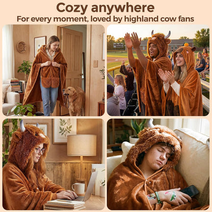 Mewaii Ultimate Softness Highland Cow Wearable Blanket Hoodie –Expertly Designed for American Body Full Coverage with Easy Movement Oversized Warm Cozy Flannel Blanket Cute Highland Cow Gift for Women