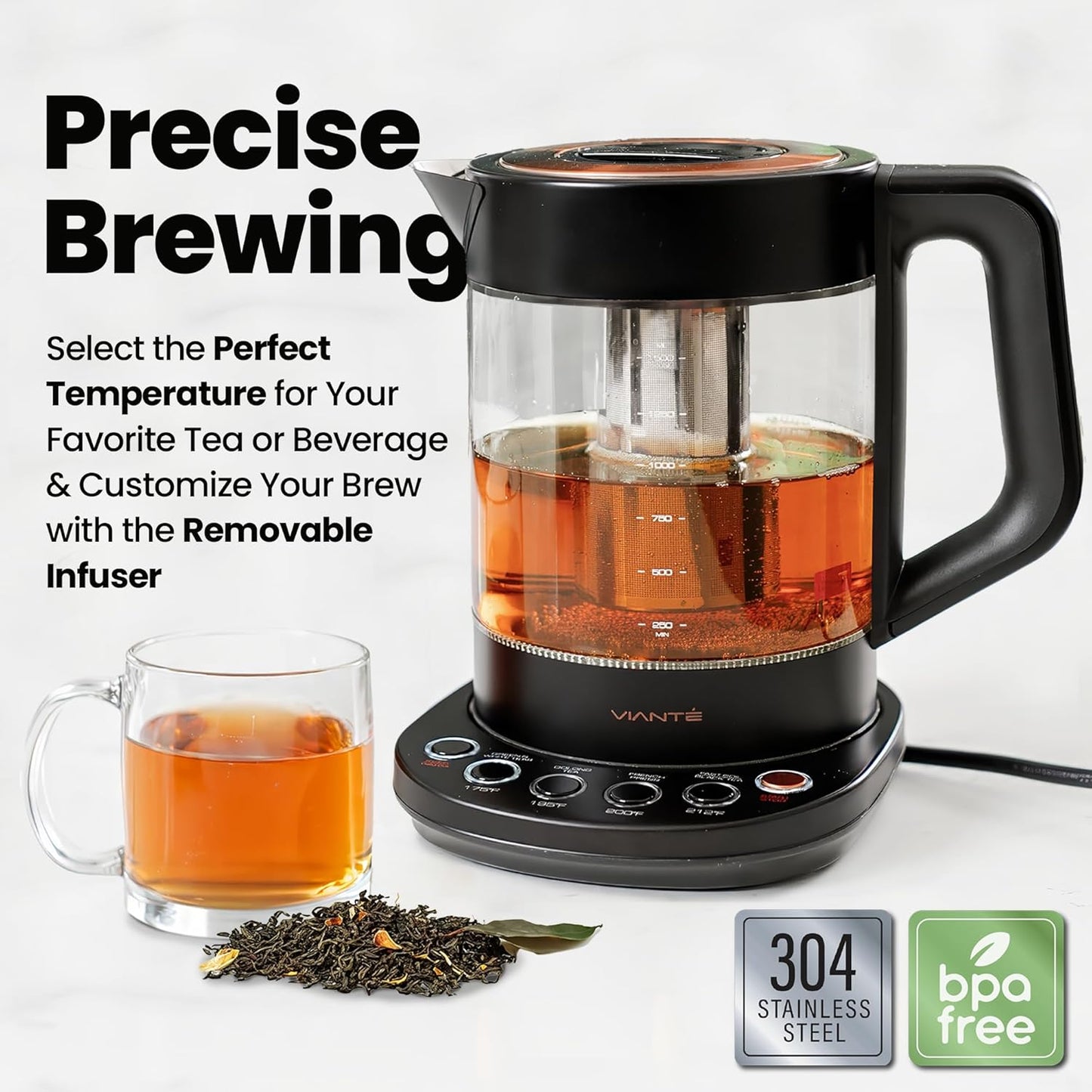 Viante Alba Electric Tea Kettle with Infuser, No Plastic In Contact With Water, 1.5L Borosilicate Glass, 304 Stainless Steel, 4 Temperature Presets, Keep Warm, Cordless, Auto Shut-Off