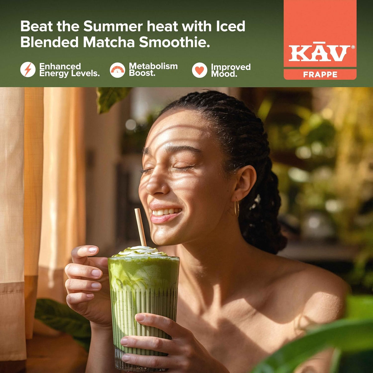 KAV Iced Blended Matcha Latte Frappe Mix | Instant, Ready-to-Mix Matcha Latte Powder for Hot or Cold Drinks – 10 oz