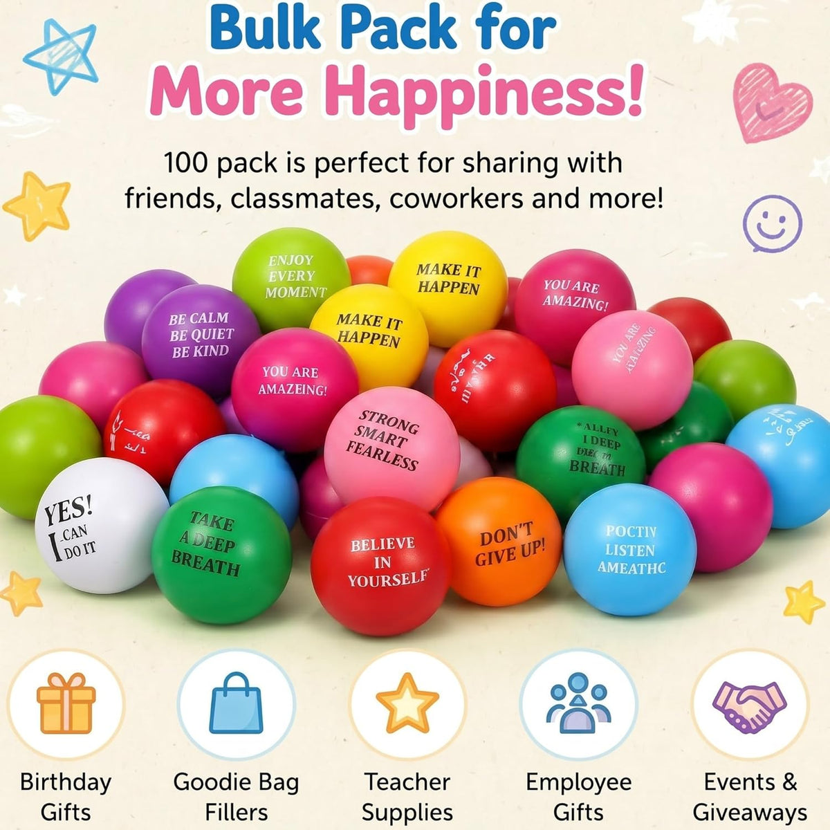 Sotiff 100 Pcs Motivational Balls Bulk for Adults, Ten Colors Inspirational