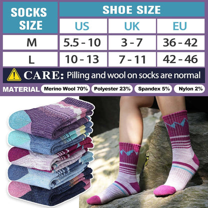 Sandsuced Merino Wool Hiking Warm Socks Thermal Winter Cozy Crew with Cushioned Sole & Moisture Wicking 5 Pairs for Women