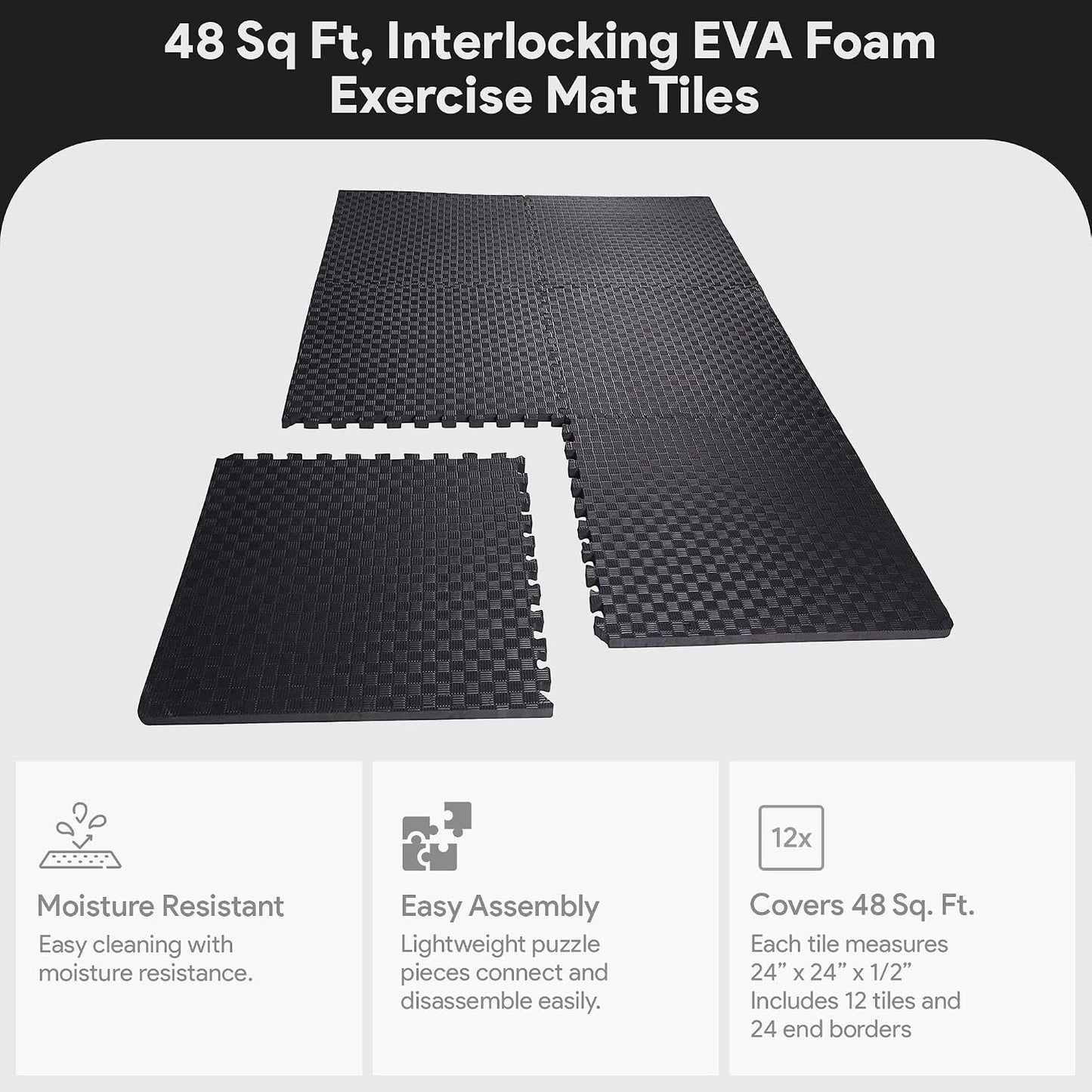 BalanceFrom Puzzle Exercise Mat 1/2" Thick, EVA Interlocking Foam Floor | Tiles for Home Gym, Mat for Home Workout Equipment, Floor Padding for Kids, Black, 24 in x 24 in x 1/2 in, 144 Sq Ft-36 Tiles