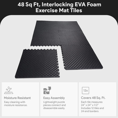 BalanceFrom Puzzle Exercise Mat 1/2" Thick, EVA Interlocking Foam Floor | Tiles for Home Gym, Mat for Home Workout Equipment, Floor Padding for Kids, Black, 24 in x 24 in x 1/2 in, 144 Sq Ft-36 Tiles