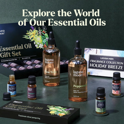 Lagunamoon Essential Oils Set, Top 20 Gift Set Oils for Diffusers, Humidifiers, Aromatherapy, Candle Making Scents, Cars & Home Products, Peppermint, Tea Tree, Lavender, Eucalyptus, Lemongrass (10mL)