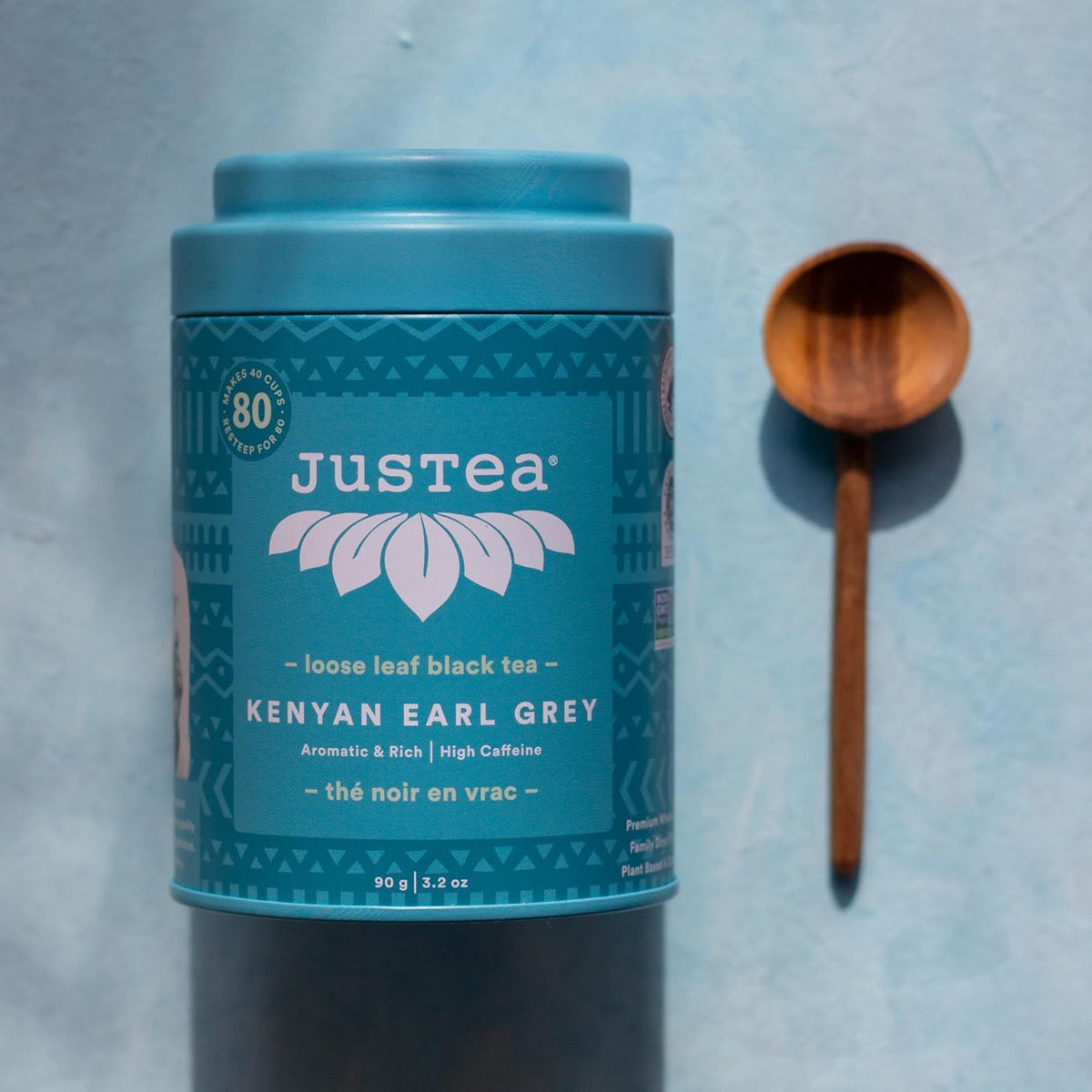 JusTea KENYAN EARL GREY Loose Black Tea, 40+ Cups Tin + Spoon, 4/5 Caffeine