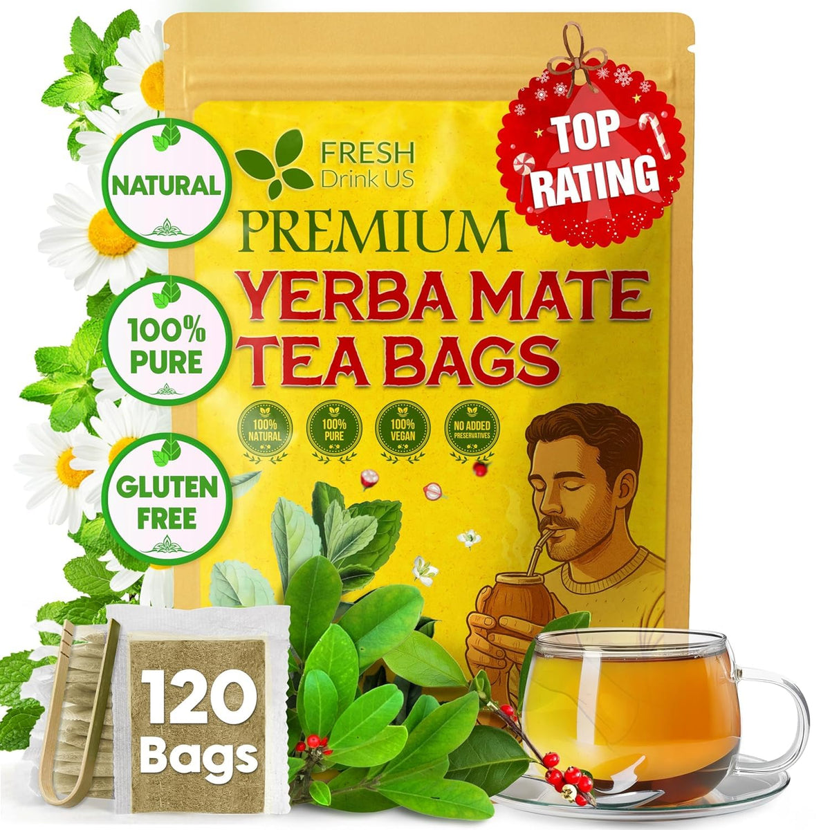 FreshDrinkUS, Yerba Mate Tea Bags | 120 Tea Bags | Traditional South American Herbal Tea – Smooth & Refreshing Flavor – Premium Quality, Sustainably Sourced. Vegan.