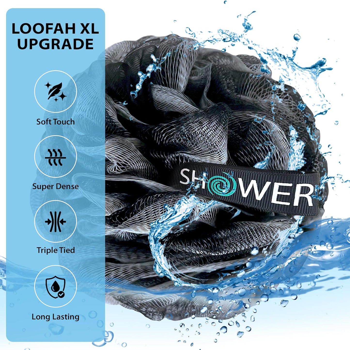 SHOWER BOUQUET Loofah-Charcoal Bath-Sponge XL-Color-4-Pack // Extra Large 75g Soft Mesh Black Luffa Loofa Loufa Puff Set/Exfoliating Body Scrubber for Women and Men - Exfoliate & Soothe Face & Body