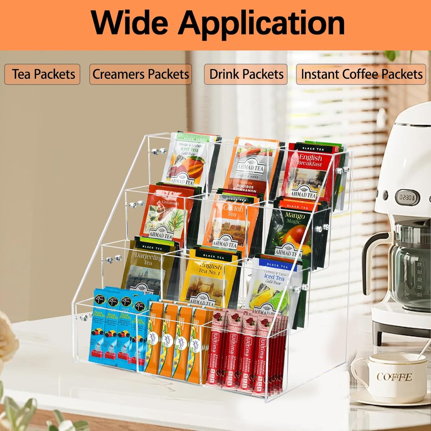 Tea Bag Organizer Holder, Acrylic Tea Packets Storage Box Container Display Stand Rack for Counter Cabinet Countertop Kitchen Office, 3 Tier