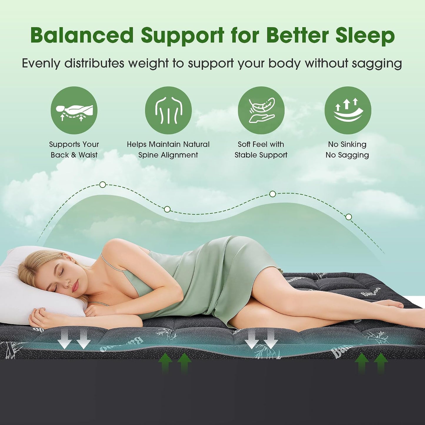 Mattress Pad Queen Size, Cooling Pillow Top Mattress Topper, Ultra Soft Viscose Made from Bamboo, Breathable for Hot Sleepers, Deep Pocket 8"-20", Green