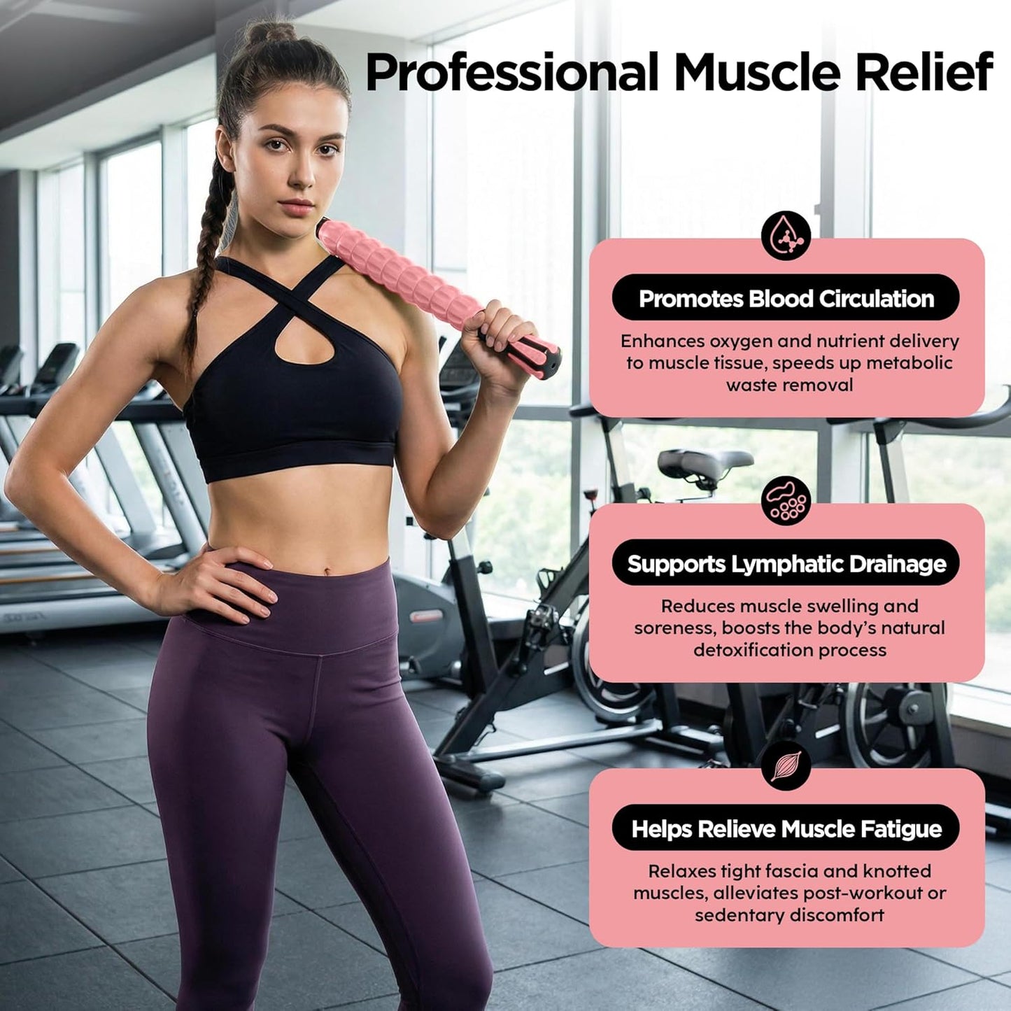 Muscle Roller Massage Roller Stick- Deep Tissue Fascia Blaster for Myofascial Pain Relief, Lymphatic Drainage & Body Sculpting, Handheld Physical Therapy & Recovery Tool (Pink black-18 inch)