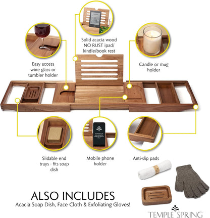Temple Spring Bamboo Bathtub Tray Caddy for Tub — Expandable Wood Bath Tray with Solid Book Stand Wine Holder and Non-Slip Pads — Includes Bamboo Soap Dish and Spa Accessories — Luxury Bath Gift Set