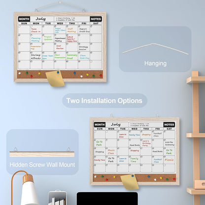 Monthly Calendar Dry Erase Board 16x12 Inch, Double-Sided Whiteboard and Corkboard Combo, Wall Mounted Planner Organizer with Markers, Magnets, Push Pins, Eraser, for Home Office School